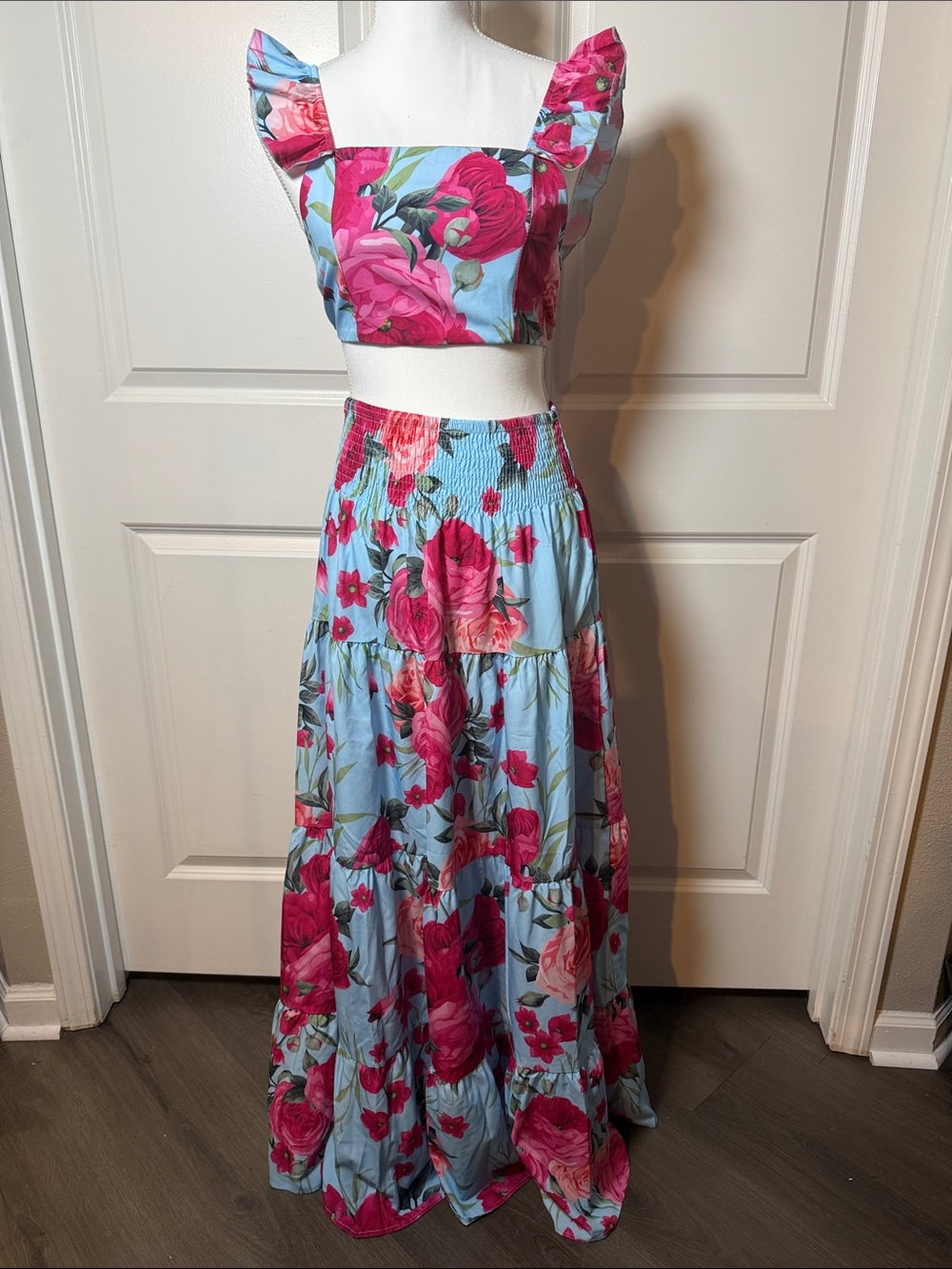 Blue Floral Maxi Skirt - Pink Rose Print. Boho. Sundress.